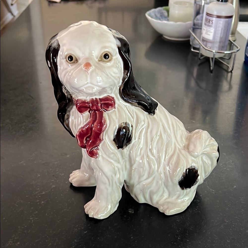 King Charles spaniel cavalier dog ceramic figure with bow
